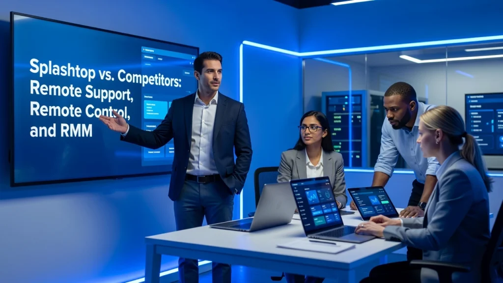 Professional header image for comparison analysis: Splashtop מול המתחרים: תמיכה מרחוק, שליטה מרחוק ו-RMM