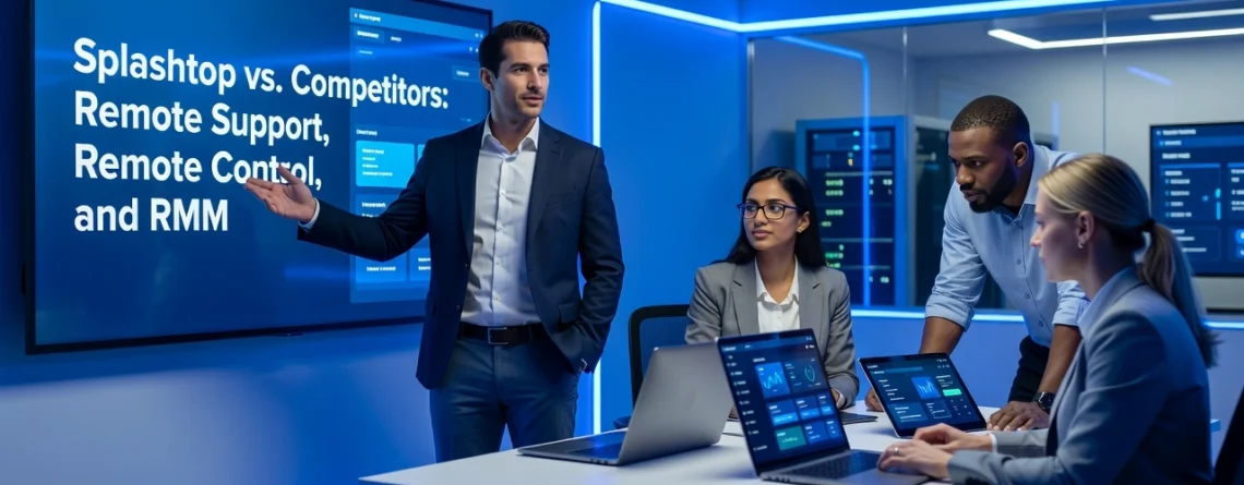 Professional header image for comparison analysis: Splashtop מול המתחרים: תמיכה מרחוק, שליטה מרחוק ו-RMM